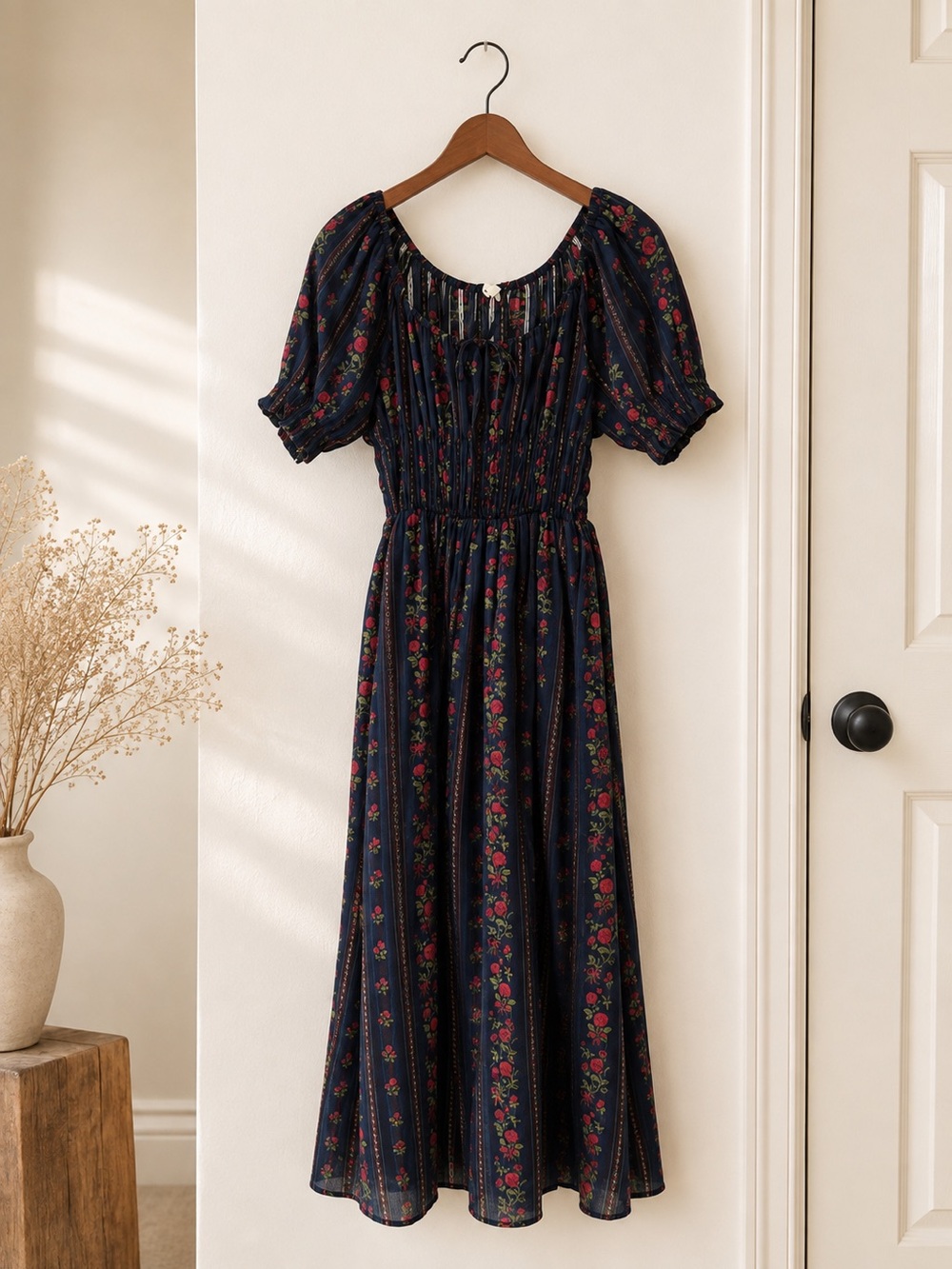 Few Moda Sorella Bohemian Floral smocked Midi Dress - Navy